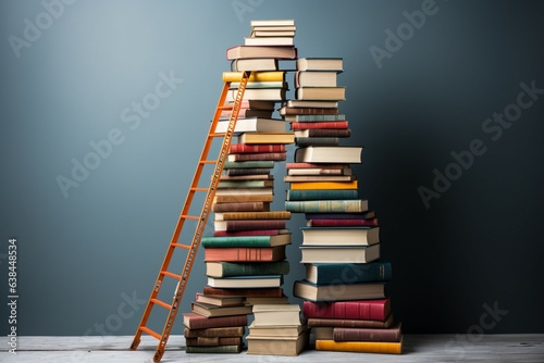 Stacked books, ladders frame educations allure in front view with copy space Generative AI