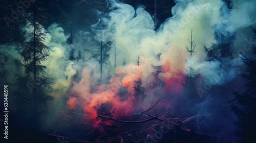 A vibrant and mysterious forest engulfed in colorful smoke