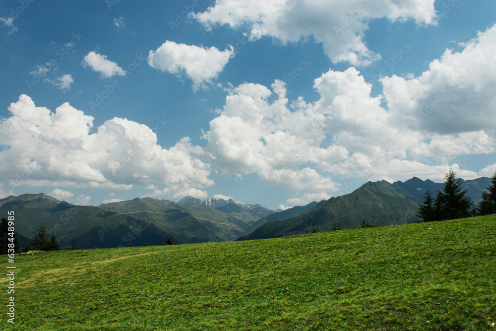 Fototapeta premium green grass on the background of mountains and clear sky with clouds