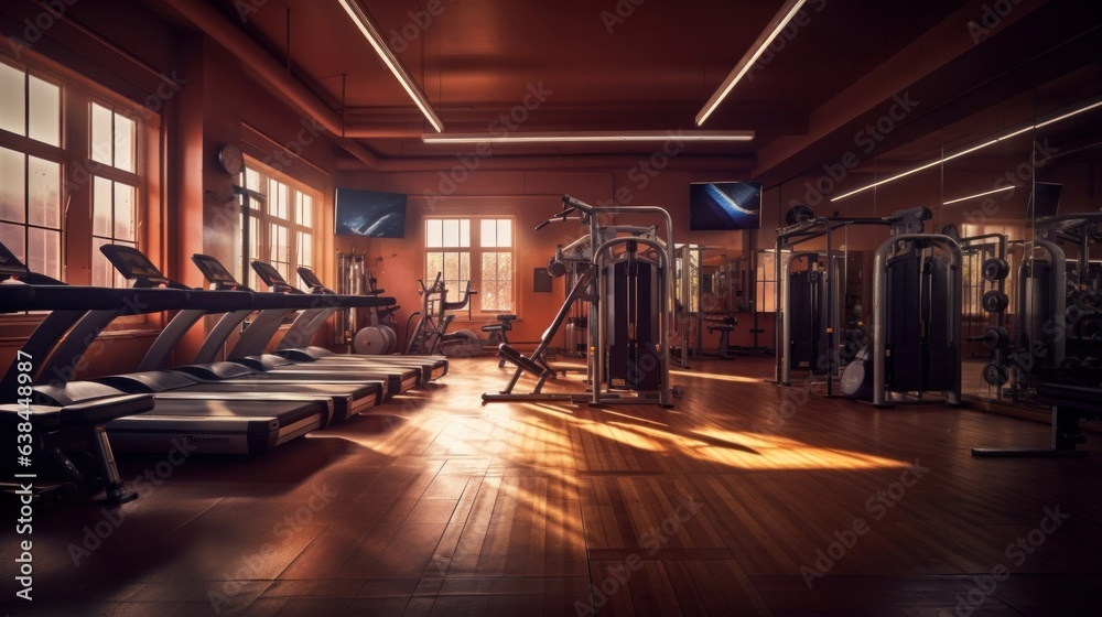 Modern gym interior with fitness equipment. Horizontal composition. Toned. Modern gym interior with fitness equipment. Horizontal composition. Toned.