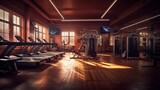 Modern gym interior with fitness equipment. Horizontal composition. Toned.