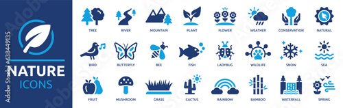 Nature icon set. Containing river, mountain, plant, tree, flower, weather, wildlife, bird, butterfly, fish and bee icons. Solid icon collection. Vector illustration.