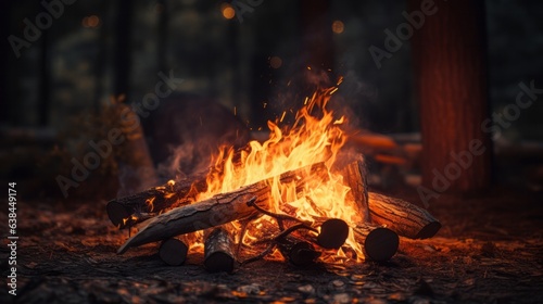 A raging fire pit engulfing a dense forest with an abundance of logs