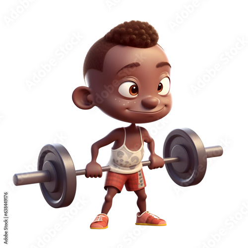 3D Render of an african american little boy lifting weights