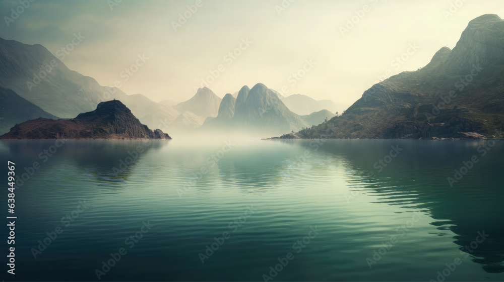 Mountain landscape, river, coast, fog, lake, minimalism, background, wallpaper, generative AI