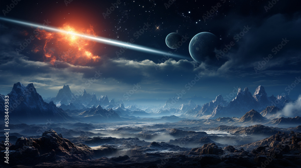 beautiful landscape with mountains and sea and sky with planets, Generative Ai