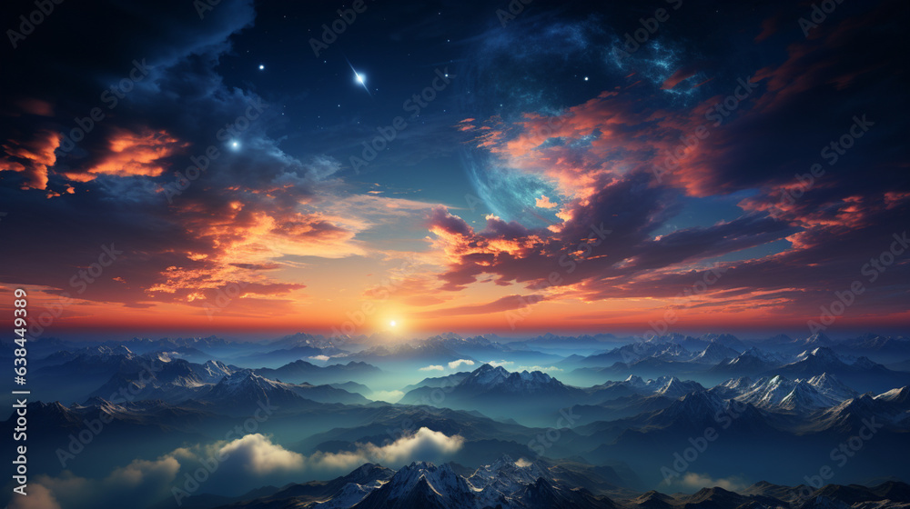 Fototapeta premium beautiful landscape with mountains and sea and sky with planets, Generative Ai