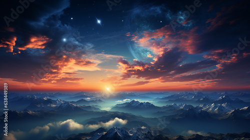 beautiful landscape with mountains and sea and sky with planets, Generative Ai