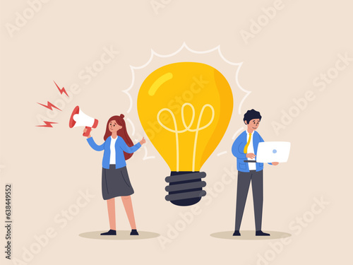 Concept of generation of innovative ideas, creative thought, creativity and imagination. Business idea concept. Characters standing near big light bulb. Isolated modern vector illustration.