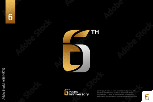 Gold and silver number 6 logo icon design on black background, 6th birthday logo number, 6 anniversary