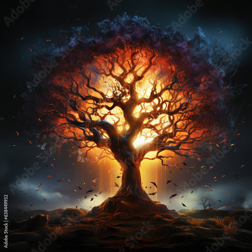 Magical Golden Big Tree With Fantasy Illustration Landscape Background AI Generative