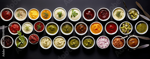 chutney set or collection in bowls on black background, top view, photo