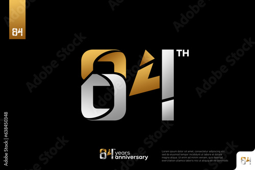 Gold and silver number 84 logo icon design on black background, 84th birthday logo number, 84 anniversary