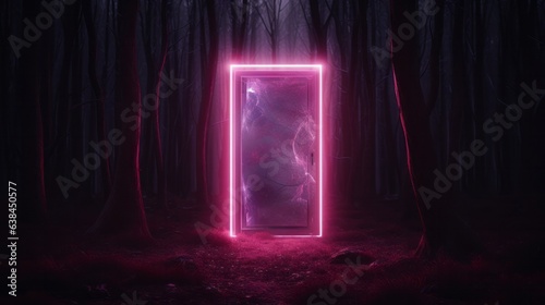 A vibrant pink door nestled in of a lush forest