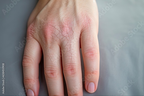 Dry Cracked Skin on Hand of Young Woman: Dyshidrotic Pompholyx Disease - Symptoms of Eczema Rash. Generative AI photo