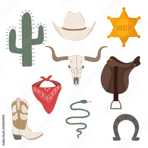 Cute cartoon style wild west set. Cowboy hat, boots, bandana, horse saddle, sheriff badge, horseshoe, snake, skull, cactus. Isolated on white.