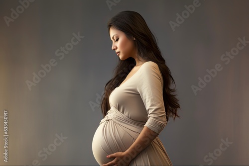 Expecting Mother: Side View of Asian Pregnant Woman's Belly and Abdomen, with Anticipation of Asia's Awaited Adult. Generative AI