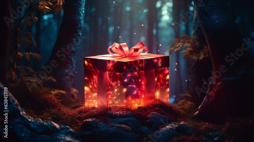 A vibrant red gift box surrounded by the beauty of nature in a forest setting. Christmas present