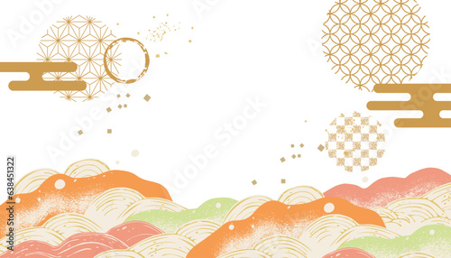 海　波のある和風背景イラスト