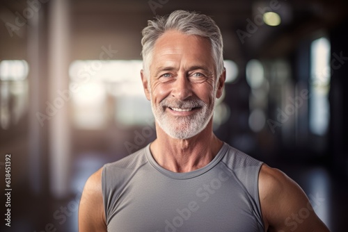 Portrait of smiling senior man standing in fitness studio and looking at camera