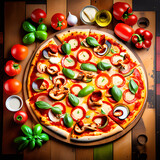 pizza with salami and mushrooms, vegetables around the large pizza on the wooden table.