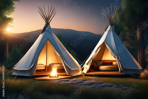 tent in the night, two white camping tents in the forest with mountains in background