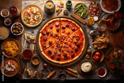 A flat lay photorealistic image of a sliced pepperoni pizza on a table with all the ingredients spread out, captured from a top-down view