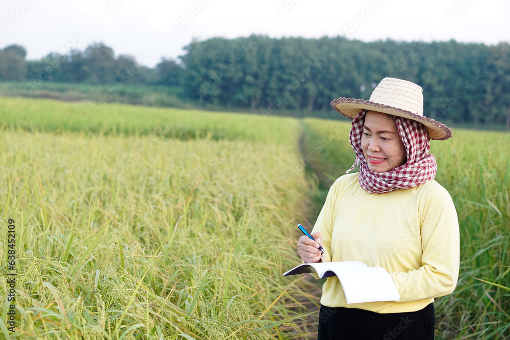 Obraz premium Asian woman farmer is at paddy field, wears hat, yellow shirt, holds notebook paper, inspects growth and disease of plants. Concept, Agriculture research and study to develop crops.