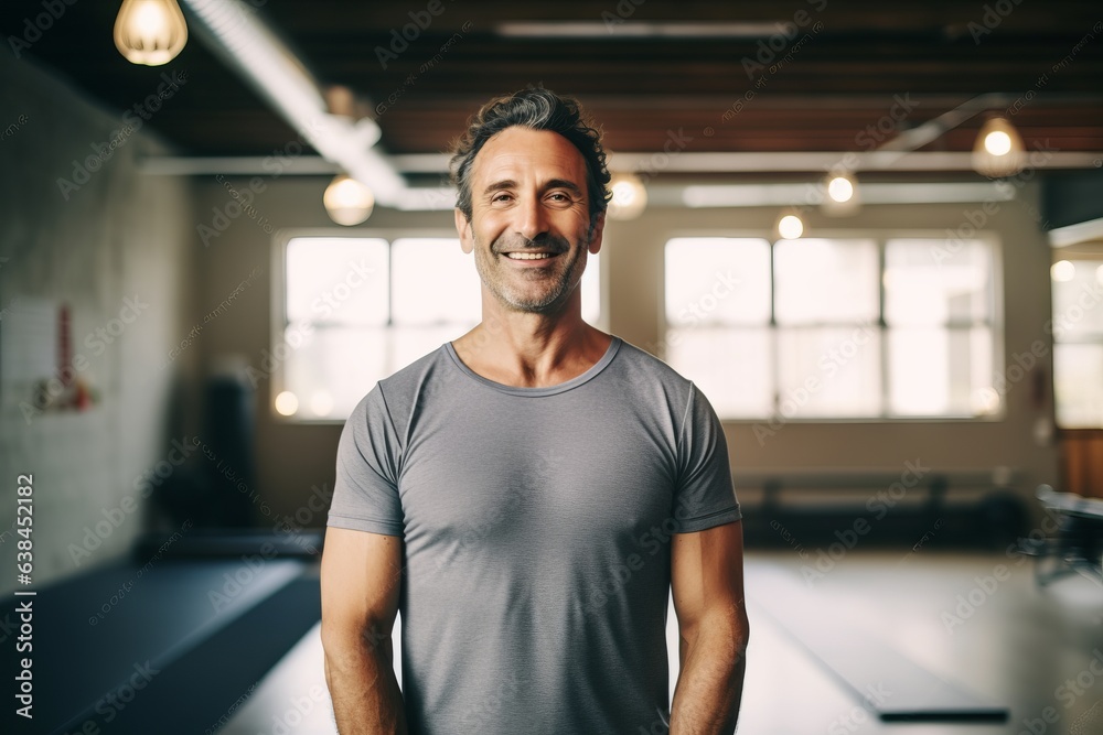 Portrait of a smiling middle-aged man standing in a gym Portrait of a smiling middle-aged man standing in a gym