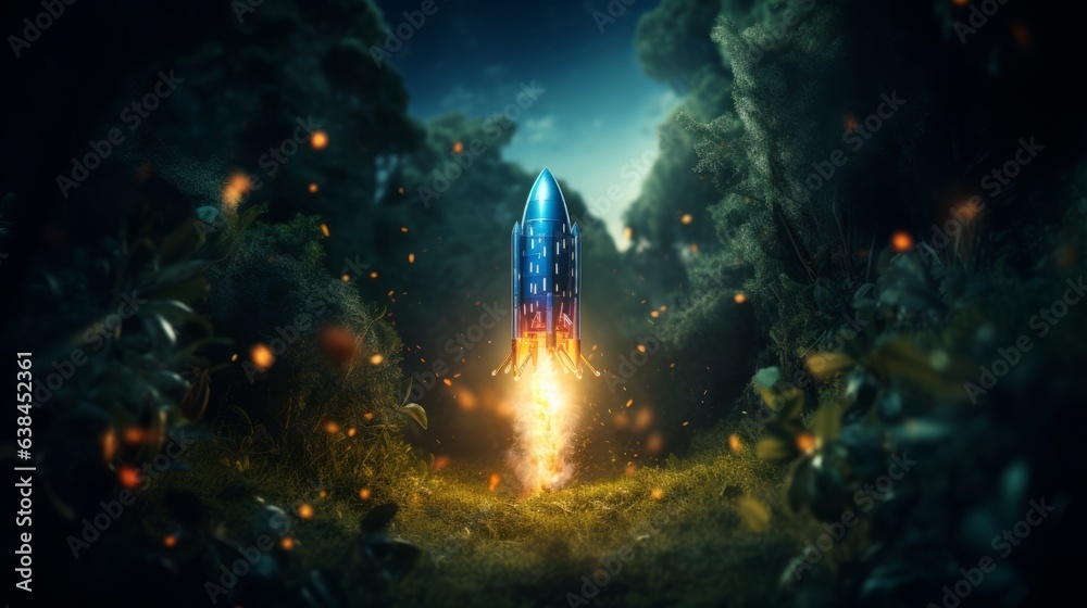 A space rocket flying through a majestic forest landscape