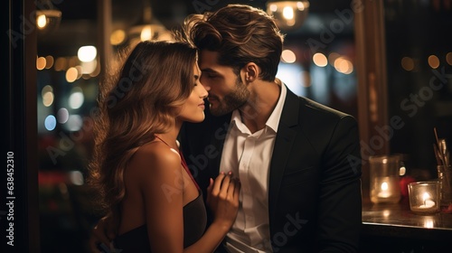 Portrait of a young couple in love in a luxury restaurant  date  romantic evening  blurred bokeh background.
