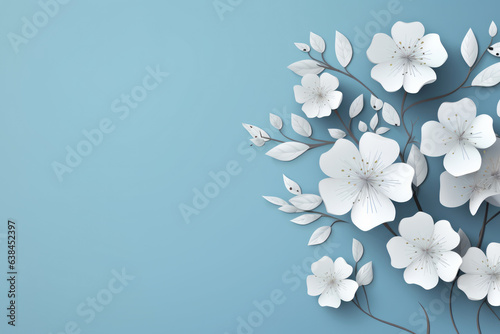 Blue background with white paper cut blooming jasmine flowers empty copy space surface. Origami craft art decor template banner