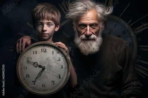 Man and boy stand in front of space clock. Generate Ai