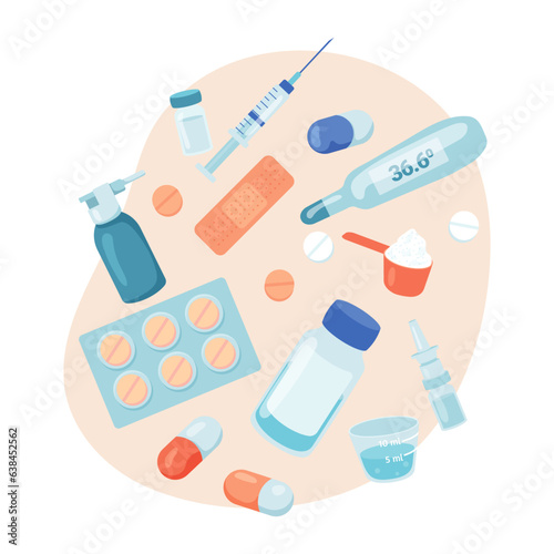 Medication and medical equipment vector illustration. Thermometer, pills, bandages, syrup cups, syringe, nasal drops for treating and preventing diseases. Pharmacy, health care, medicine concept