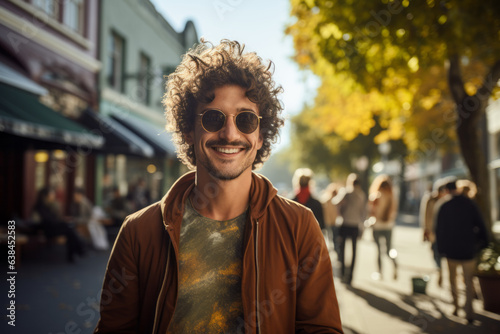 Fototapeta Naklejka Na Ścianę i Meble -  Portrait of European young adult stubble man with curly hair in city street