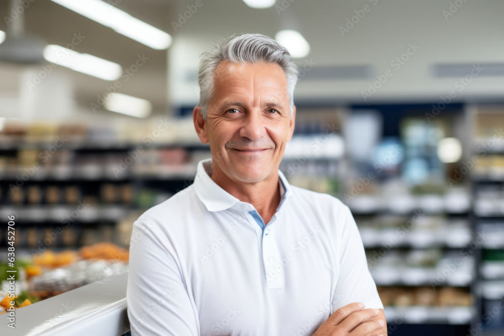 Fototapeta premium Portrait of a mature supermarket manager man with a kind smile inside his shop , grocery store shelves in background