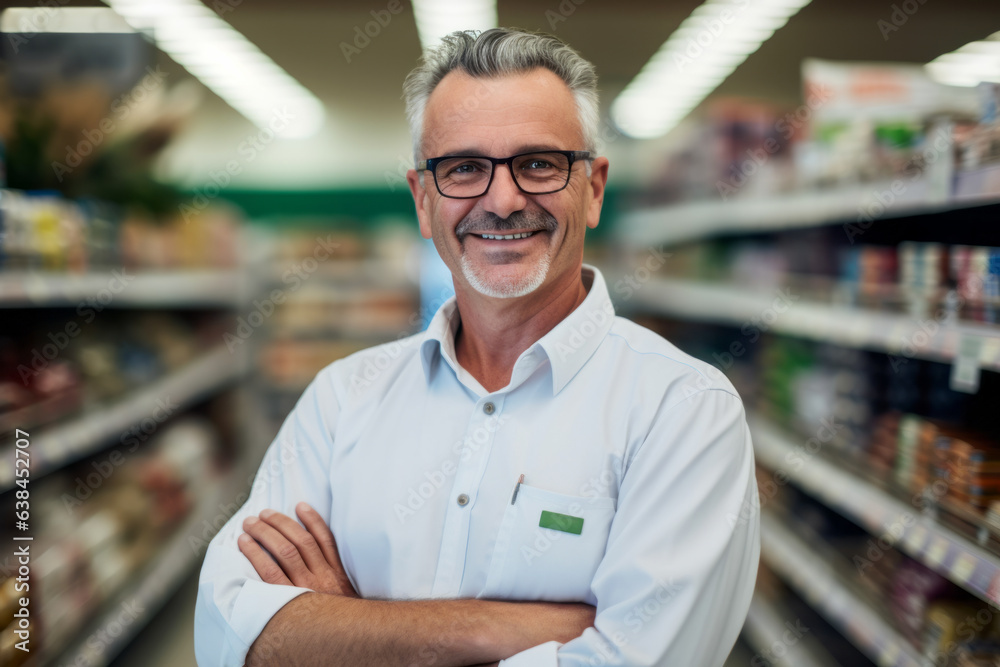 Obraz premium Portrait of a mature supermarket manager man with a kind smile inside his shop , grocery store shelves in background