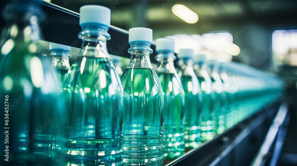 Line of bottling beverages in plastic bottles on clean light factory Line of bottling beverages in plastic bottles on clean light factory