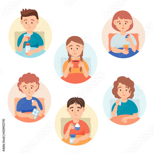 Pediatric patients taking medicine vector illustrations set. Children eating, drinking syrup, taking pills and using nasal drops in hospital. Pediatric treatment, health care, medicine concept