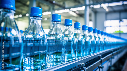Line of bottling beverages in plastic bottles on clean light factory