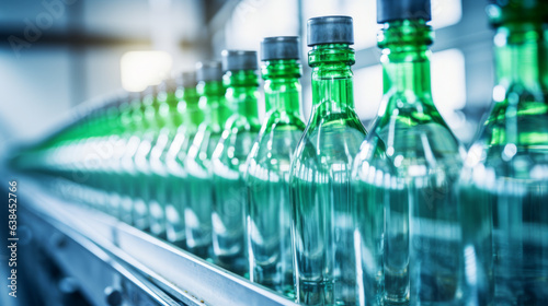 Line of bottling beverages in plastic bottles on clean light factory