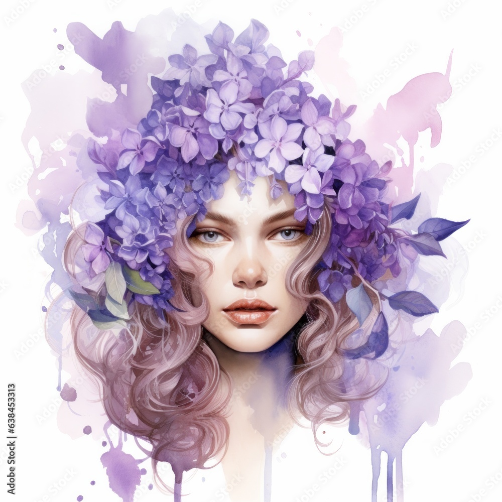 Violet purple watercolour portrait of woman with lilac flower on head on white background. Floral blossom concept