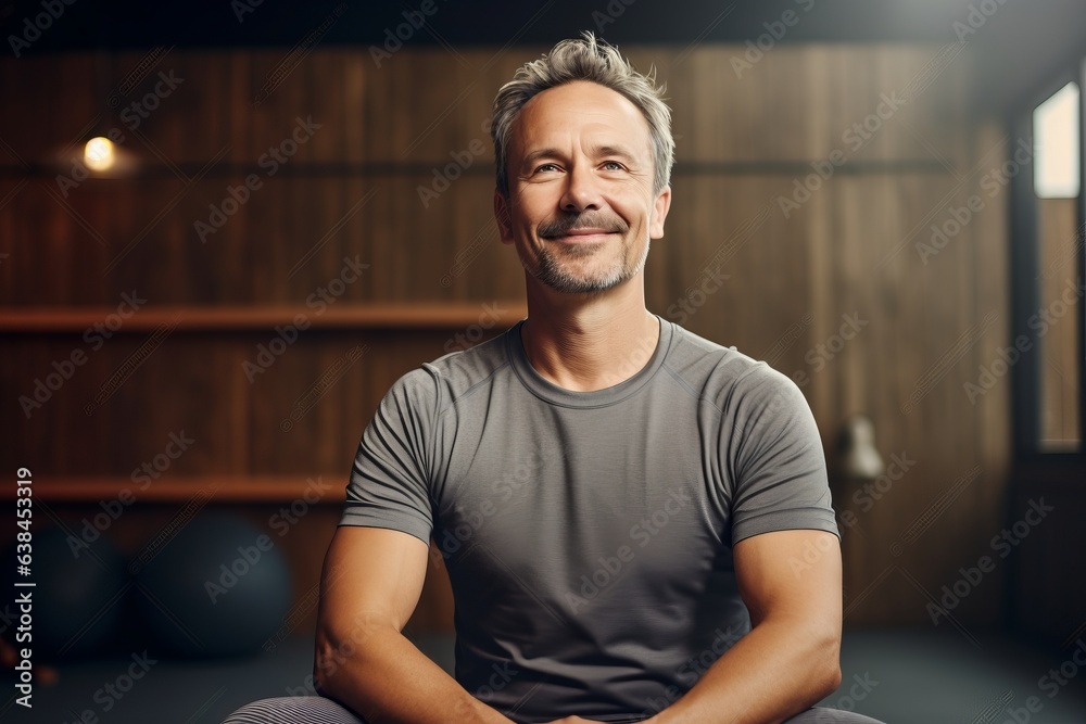 Portrait of a handsome middle-aged man in sportswear looking at camera and smiling while sitting on a yoga mat in a gym Portrait of a handsome middle-aged man in sportswear looking at camera and smiling while sitting on a yoga mat in a gym