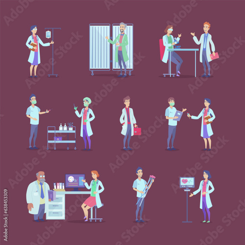 Doctors and nurses with medical tool vector illustrations set. Collection of drawings of hospital staff with laboratory equipment, drip, microscope, computer. Medicine, healthcare, profession concept