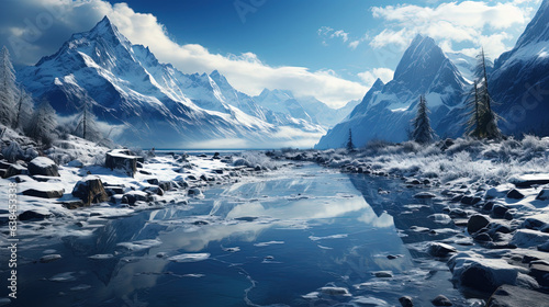 A Glacier Majestic Icebergs Floating River Surrounded by Towering Mountains AI Generative