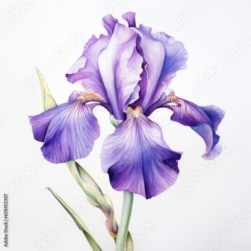 Blue watercolour iris spring summer flower illustration on white background. Floral blossom concept