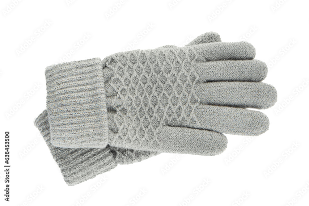 A pair of women's knitted gloves isolated on a white background. A pair of women's knitted gloves isolated on a white background.
