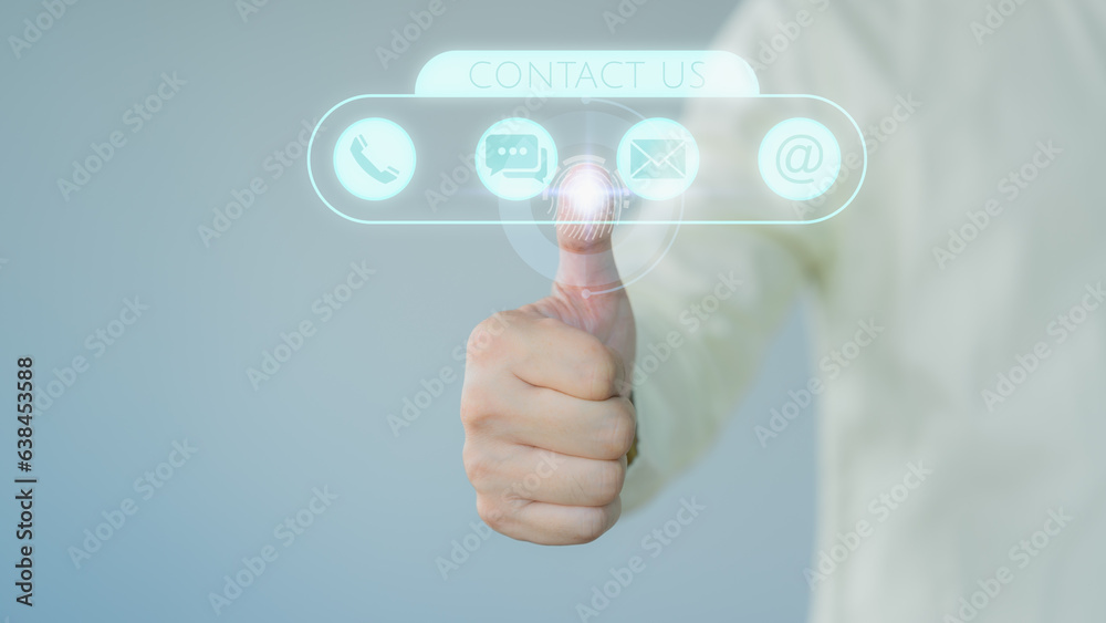 User touching on virtual screen contact icons ( email, address, live chat, telephone ). Customer service, helpdesk advice online support. Contact us or Customer support hotline. User touching on virtual screen contact icons ( email, address, live chat, telephone ). Customer service, helpdesk advice online support. Contact us or Customer support hotline.