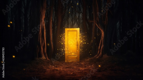 A vibrant yellow glowing door nestled in of a lush forest