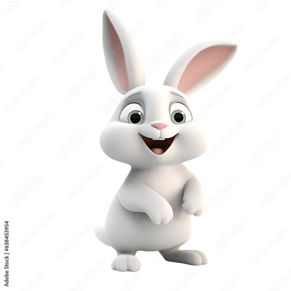 Cartoon rabbit with happy expression on white background. 3D rendering.